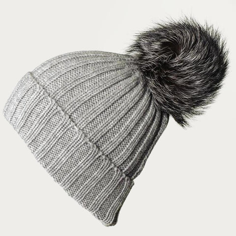 Grey Cashmere Fur Pom Pom Hat