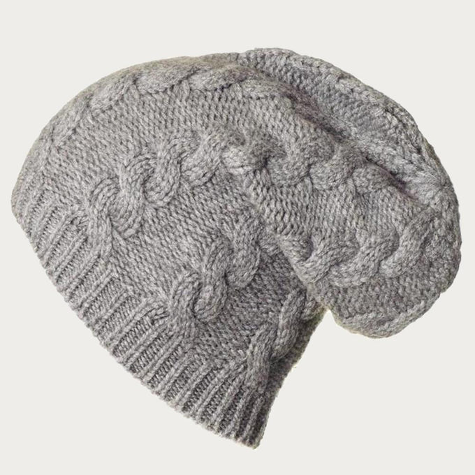 Grey Cable Knit Cashmere Slouch Beanie