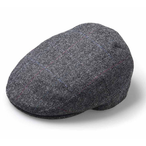 Grey Herringbone Check Tweed Wool Flat Cap