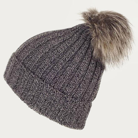 Black and Grey Melange Fur Pom Pom Hat