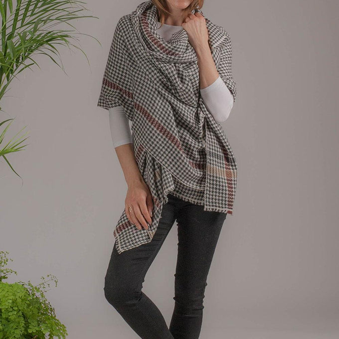 Charcoal and Ivory Houndstooth Cashmere Shawl