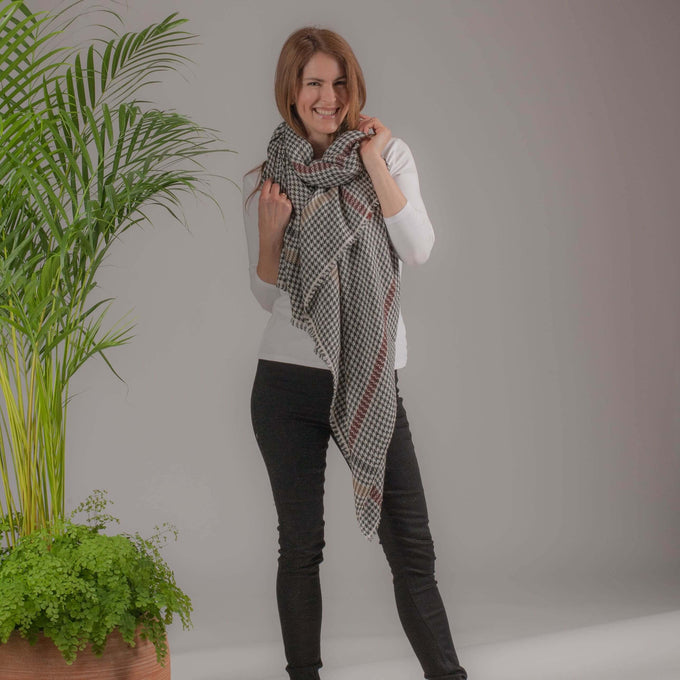 Charcoal and Ivory Houndstooth Cashmere Shawl