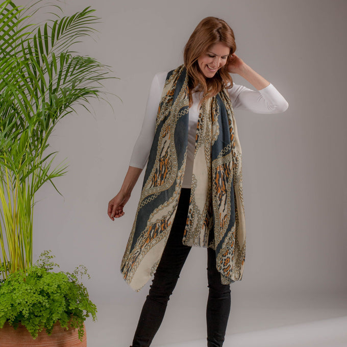 Leopard and Chains Cashmere and Silk Scarf