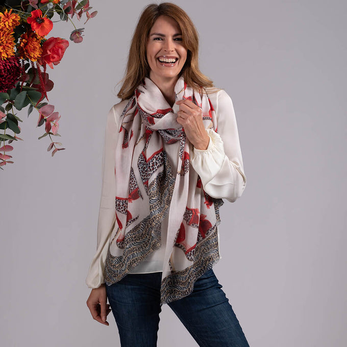 ‘I Love My Shoes’ Red and Cream Cashmere and Silk Wrap