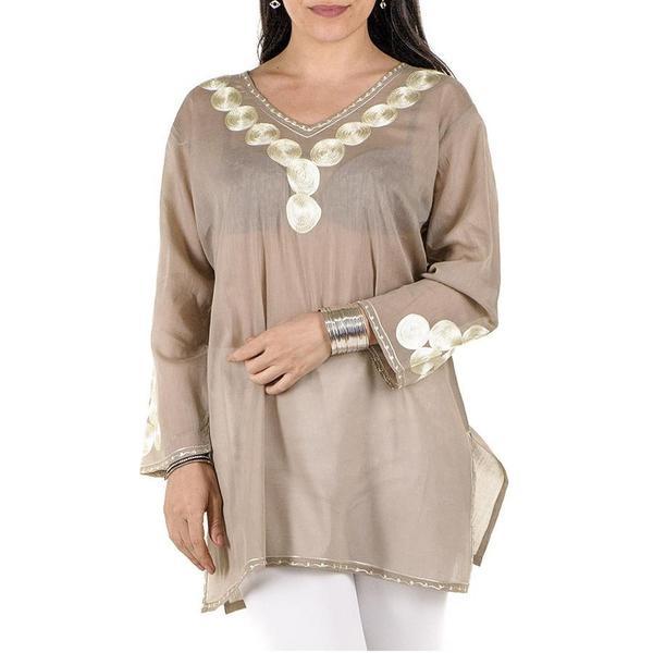 Sand and Gold Embroidered Cotton Kaftan Top