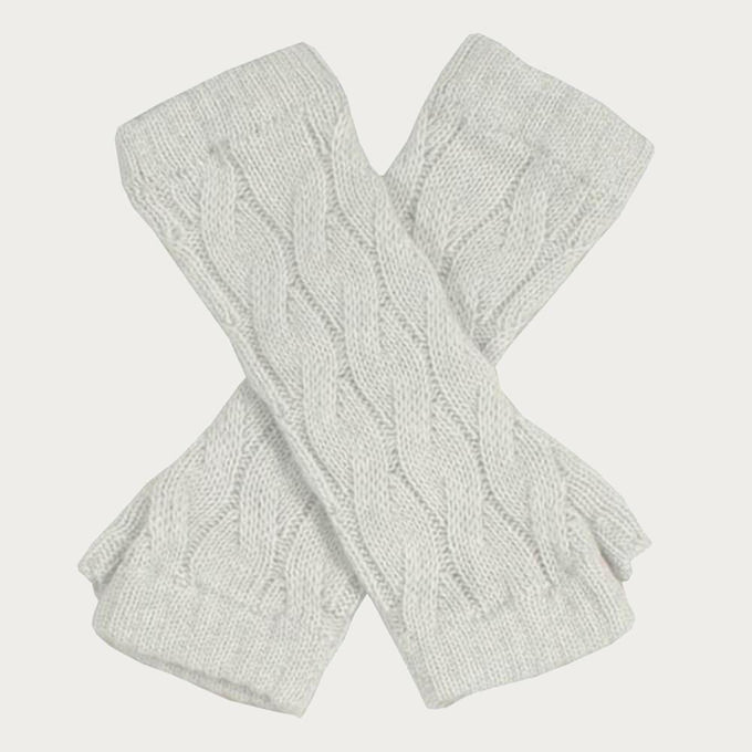 Long Silver Grey Cable Wrist Warmers
