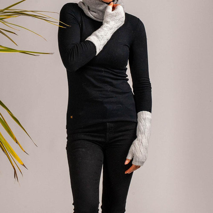 Long Silver Grey Cable Wrist Warmers