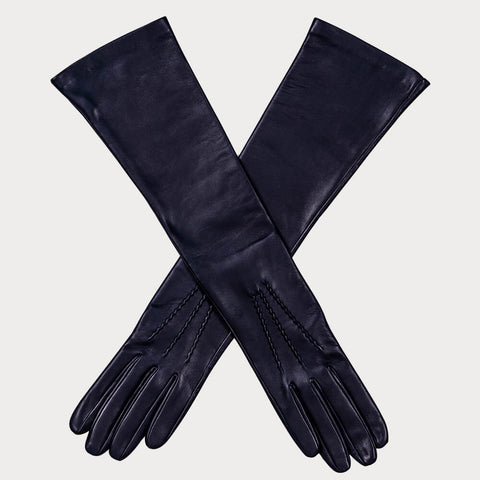 Long Navy Blue Silk Lined Leather Gloves