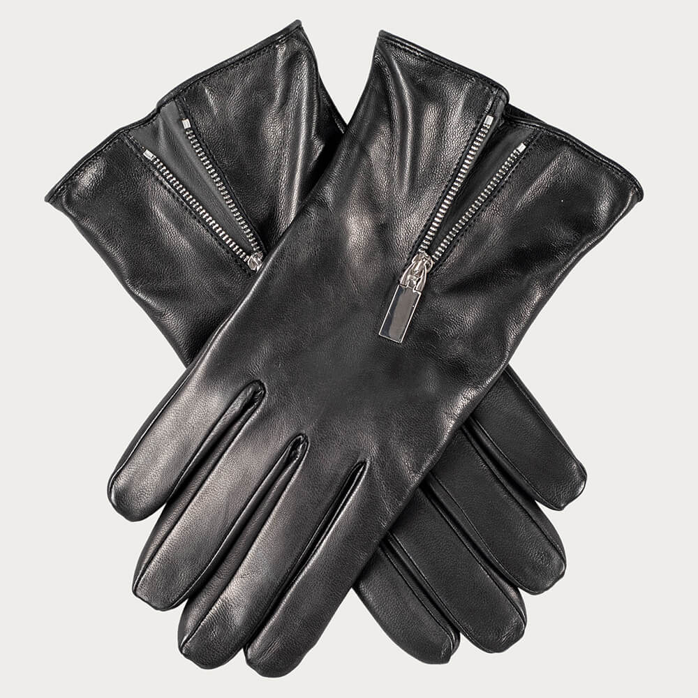 Men's Black Cashmere Lined Leather Gloves with Zip –