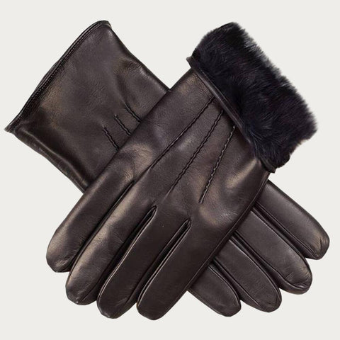 Men's Black Rabbit Fur Lined Leather Gloves