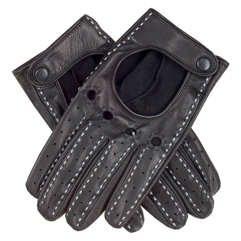 Men's Black and White Italian Leather Driving Gloves