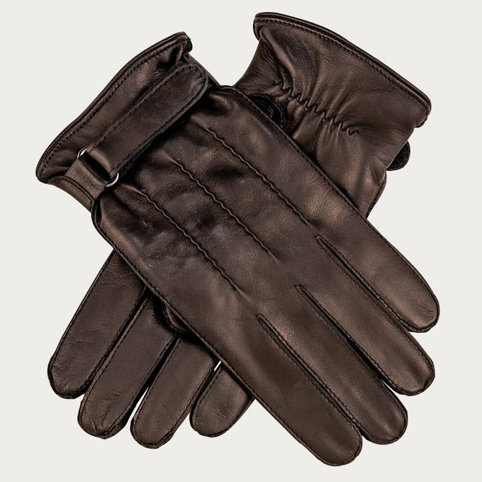 Men’s Black Cashmere Lined Leather Gloves with Strap