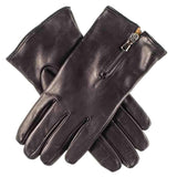 Black and Tobacco Cashmere Lined Leather Gloves with Zip Detail