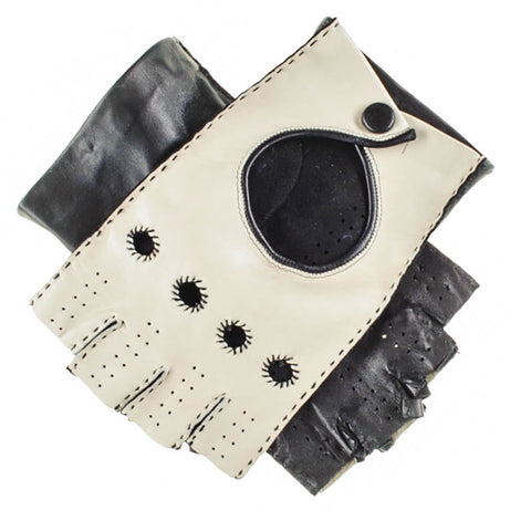 Black and Cream Fingerless Leather Driving Gloves