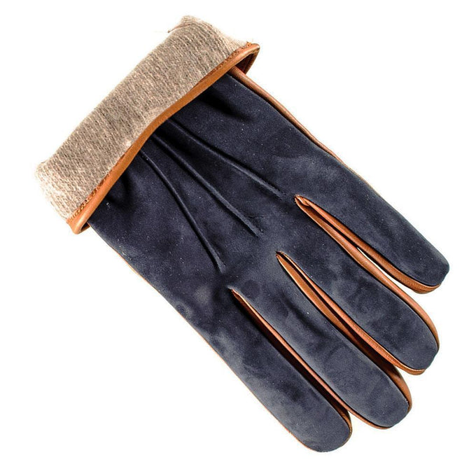 Men’s Navy Suede and Tan Leather Gloves-Cashmere Lined