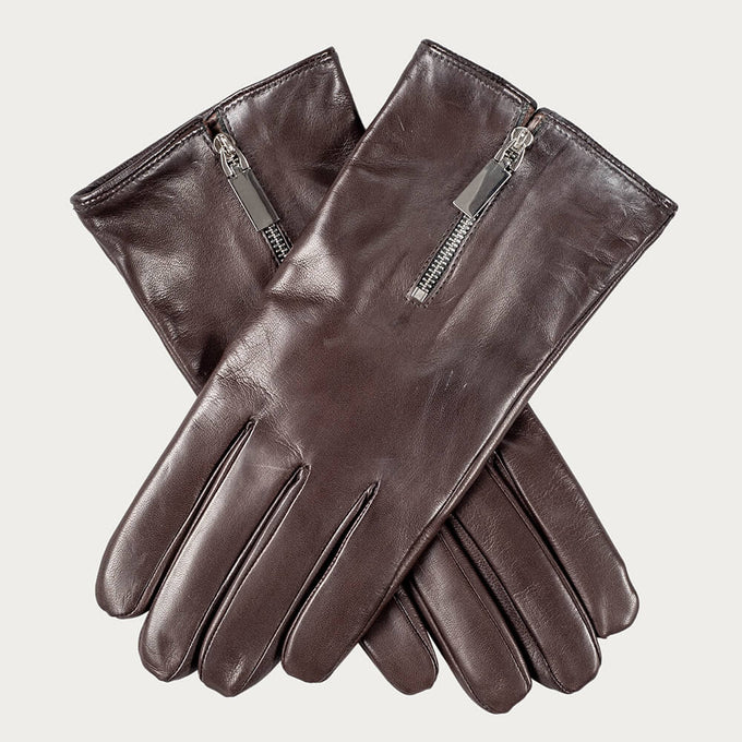 Dark Brown and Hazelnut Leather Gloves with Zip Detail - Cashmere Lined