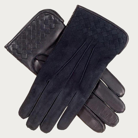 Men’s Black Suede and Leather Woven Gloves - Cashmere Lined