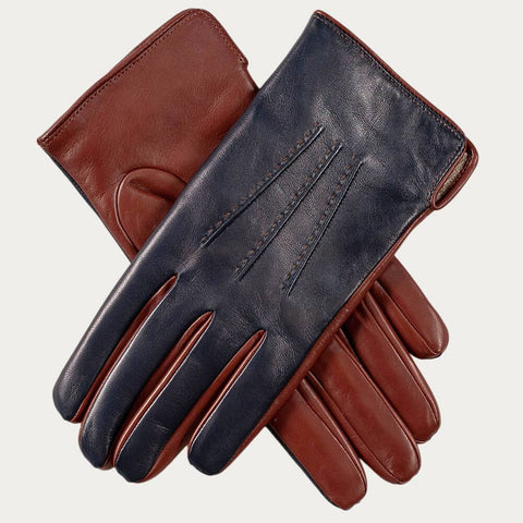 Men’s Navy and Chestnut Italian Leather Gloves - Cashmere Lined