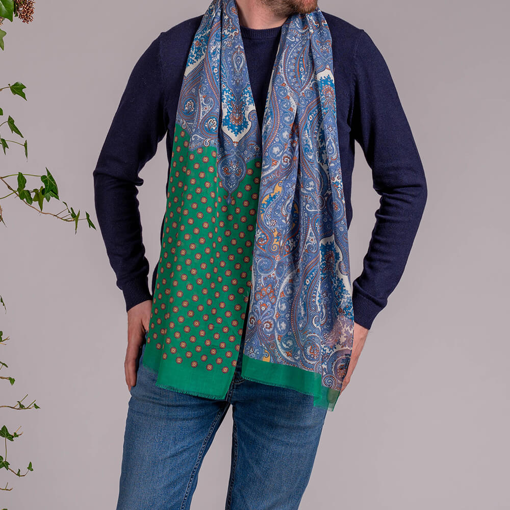 Men's Blue & Green Paisley Cotton Scarf –