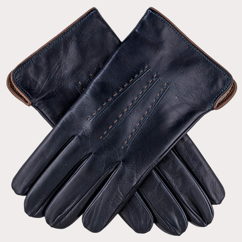 Men's Navy and Tan Cashmere Lined Leather Gloves