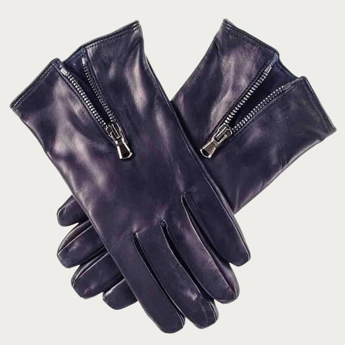 Navy Blue Leather Gloves with Zip Detail - Cashmere Lined