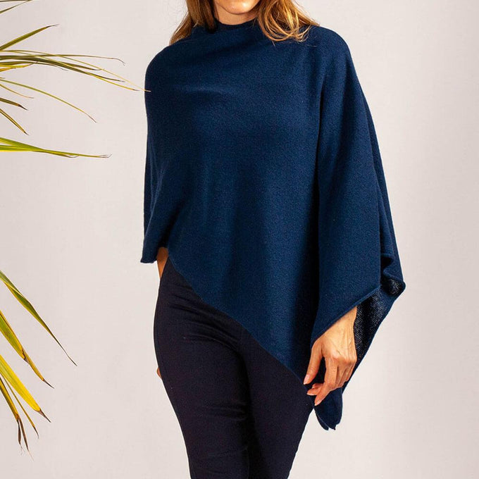 Women's Navy Blue Knitted Cashmere Poncho – - Main Image