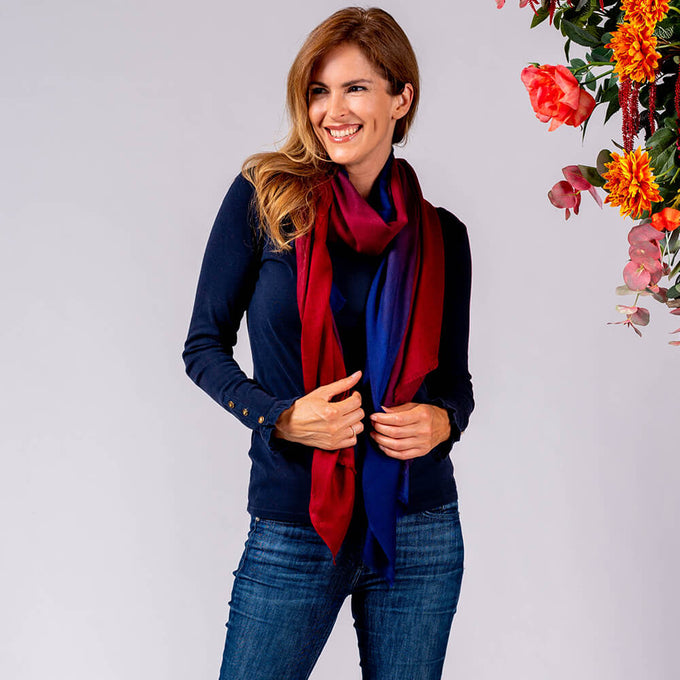Navy to Burgundy Shaded Cashmere and Silk Wrap
