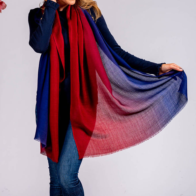 Navy to Burgundy Shaded Cashmere and Silk Wrap