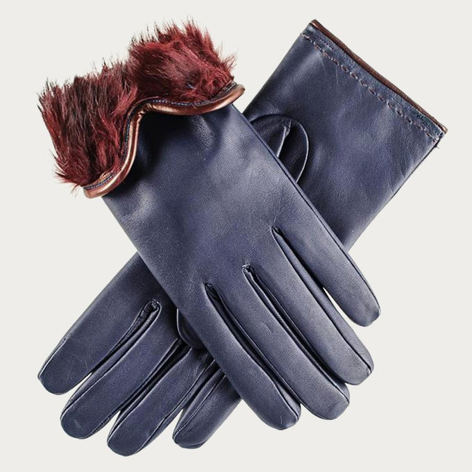 Navy and Burgundy Rabbit Fur Lined Leather Gloves