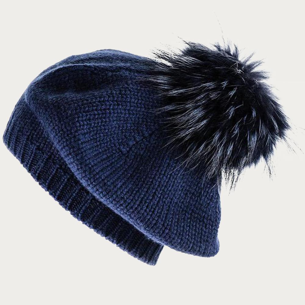 Women s Navy Cashmere Fur Pom Pom Beret Black