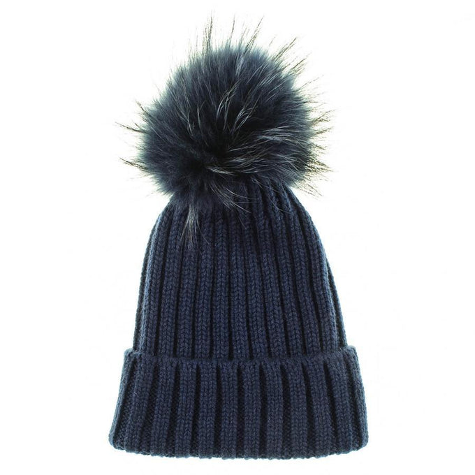 Navy Cashmere and Fur Pom Pom Beanie 2