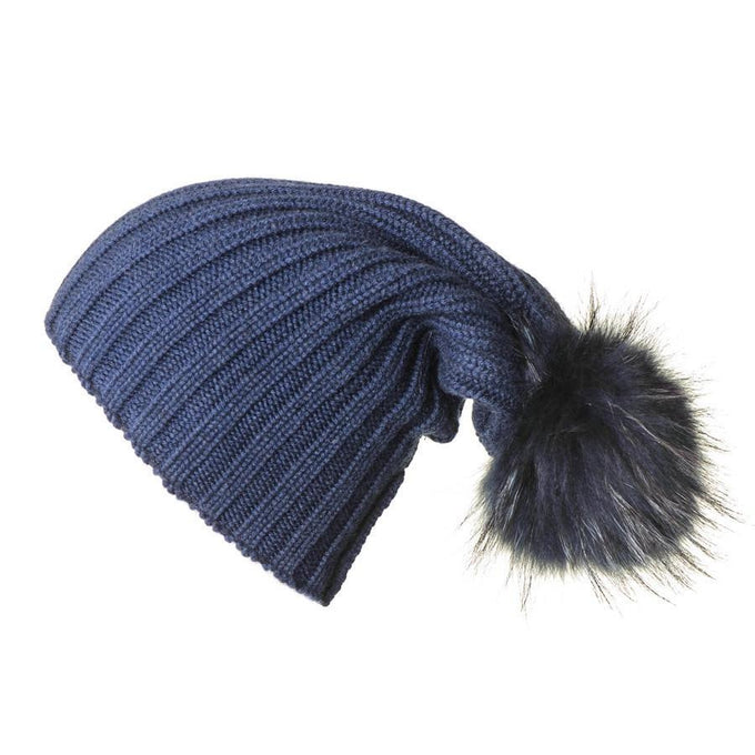 Navy Cashmere and Fur Pom Pom Beanie 3