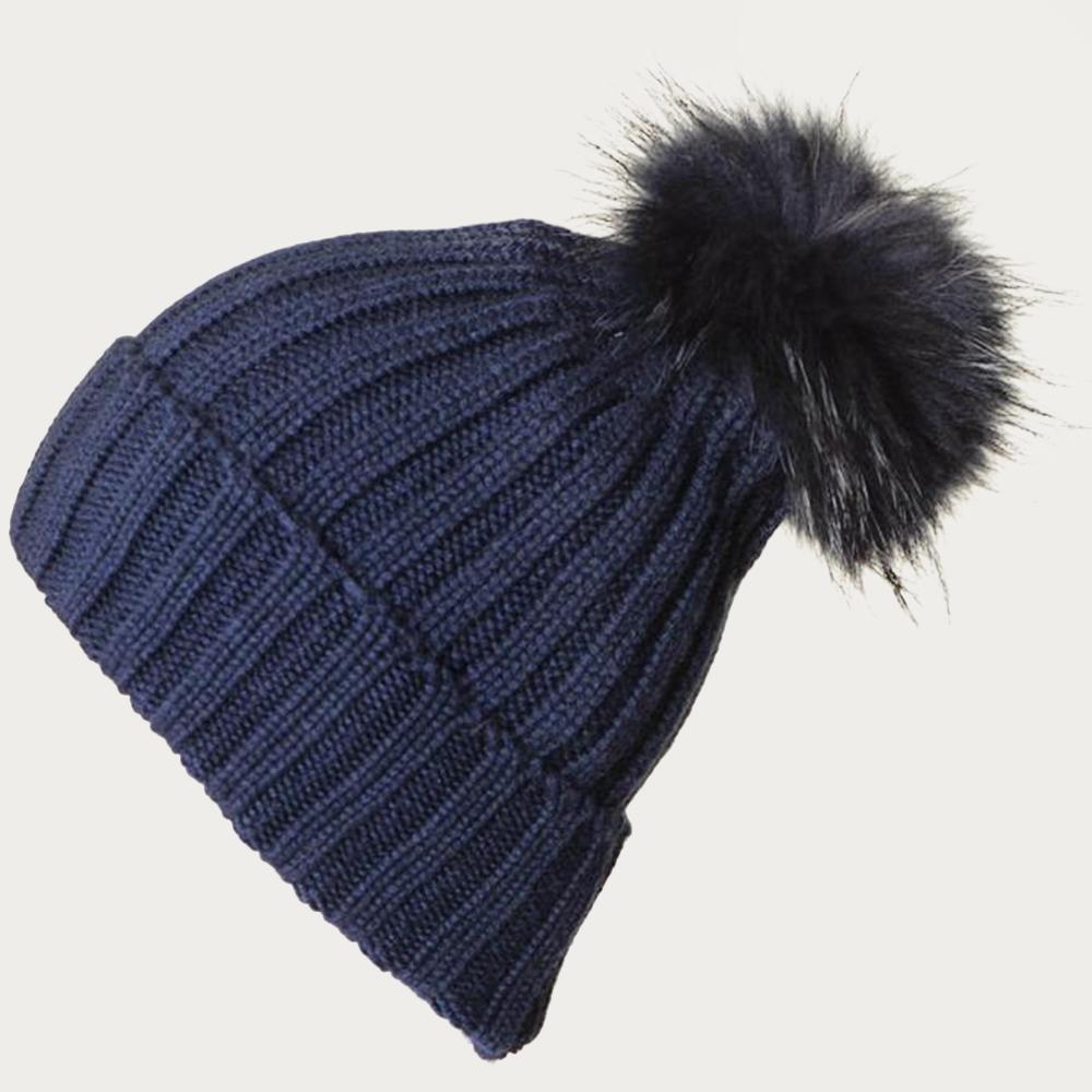 Navy Cashmere Fur Pom Pom Hat