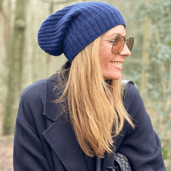Ribbed Navy Cashmere Slouch Beanie Hat