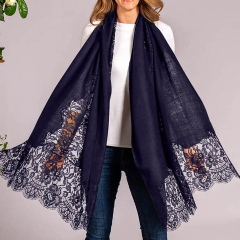 Navy Cashmere and Chantilly Lace Shawl