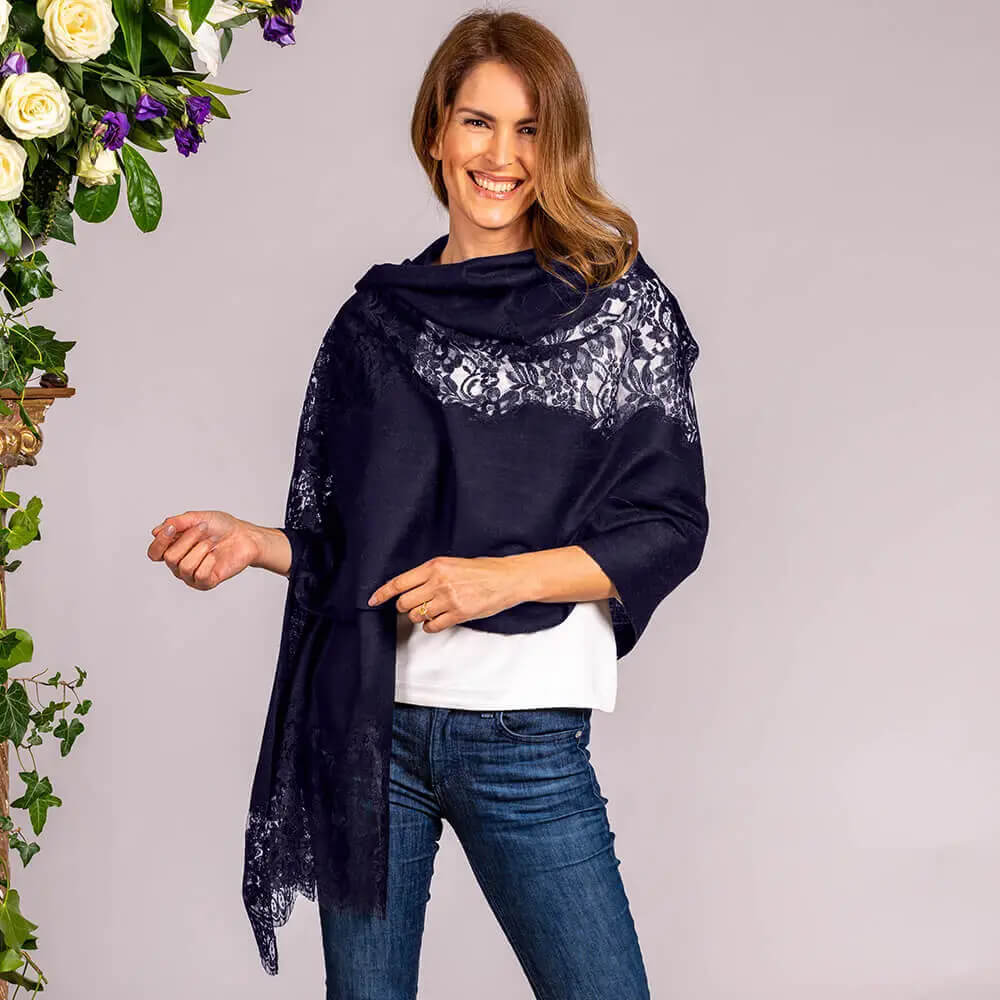 Navy Cashmere and Chantilly Lace Shawl â Black.co.uk