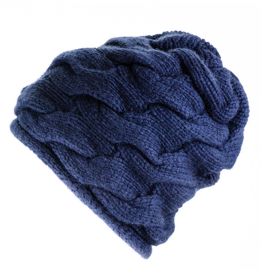 Women s Chunky Cable Knit Navy Cashmere Beanie Black