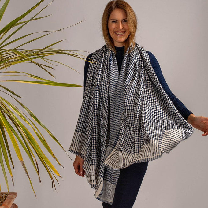Navy and Ivory Houndstooth Cashmere Ring Shawl