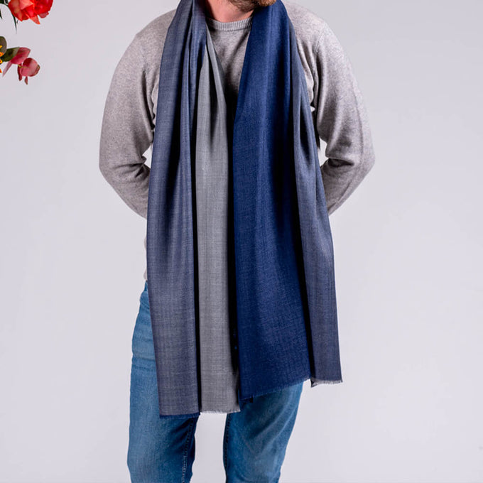 Ludgate Navy and Grey Silk and Wool Scarf