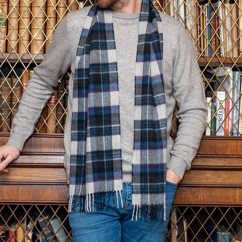 Navy and Grey Plaid Check Cashmere Scarf
