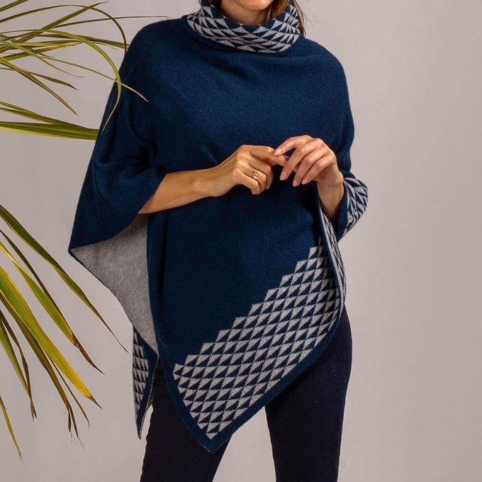 Navy and Grey Double Layer Cashmere Poncho