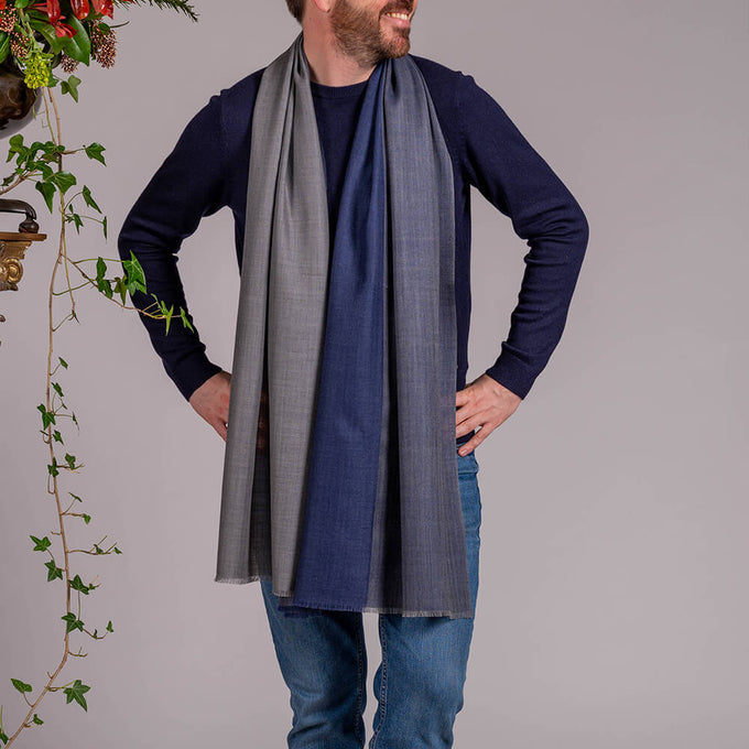 Haydon Navy and Grey Silk and Wool Scarf