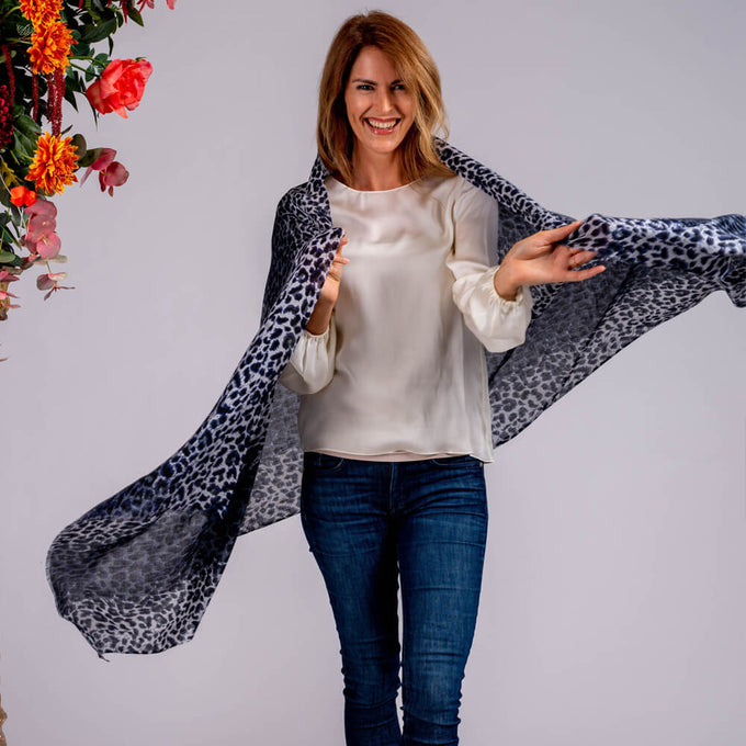 PRE ORDER - Navy Leopard Print Cashmere and Silk Scarf