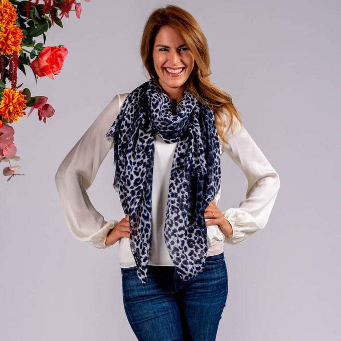 Navy Leopard Print Cashmere and Silk Scarf