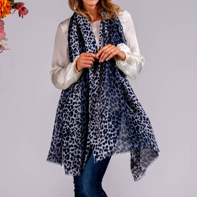 PRE ORDER - Navy Leopard Print Cashmere and Silk Scarf