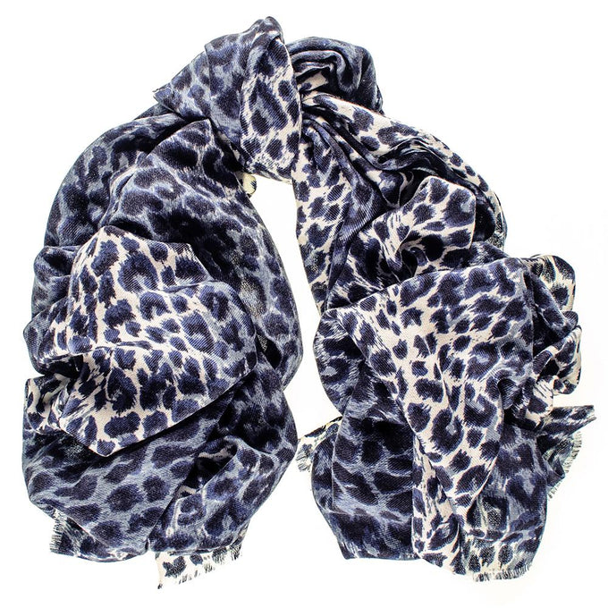 PRE ORDER - Navy Leopard Print Cashmere and Silk Scarf