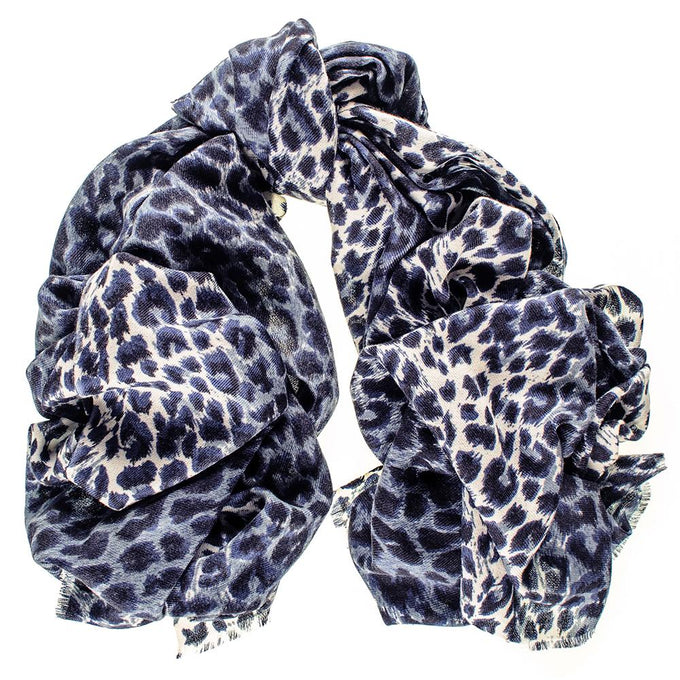 Navy Leopard Print Cashmere and Silk Scarf