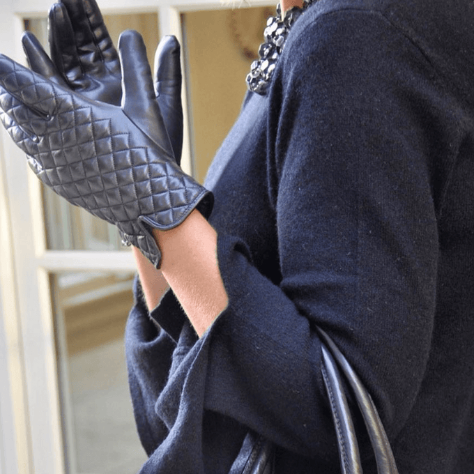 Navy Blue Quilted Cashmere Lined Leather Gloves