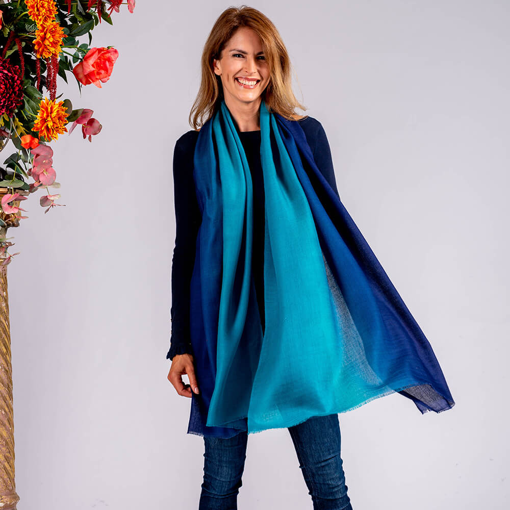 Navy to Teal Shaded Cashmere and silk Wrap