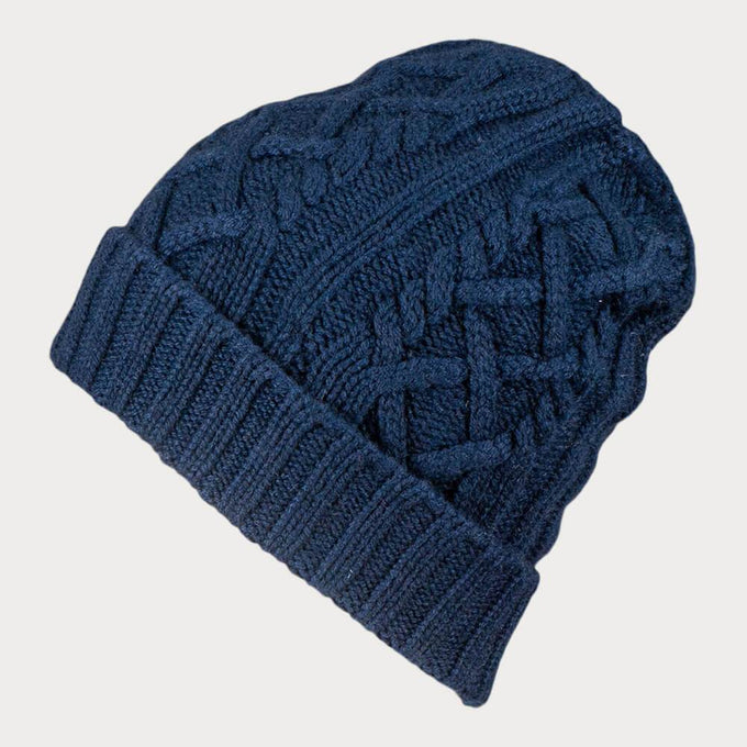 Navy Waffle and Cable Knit Cashmere Beanie